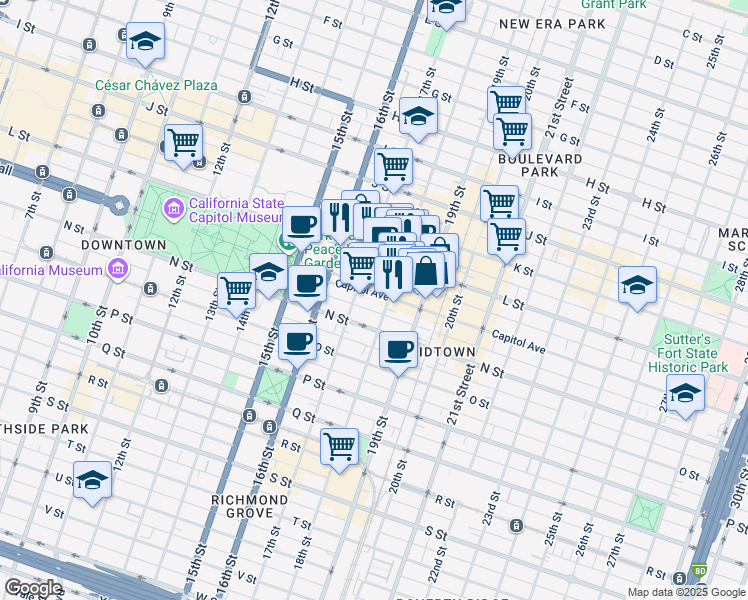 map of restaurants, bars, coffee shops, grocery stores, and more near 1716 Capitol Avenue in Sacramento