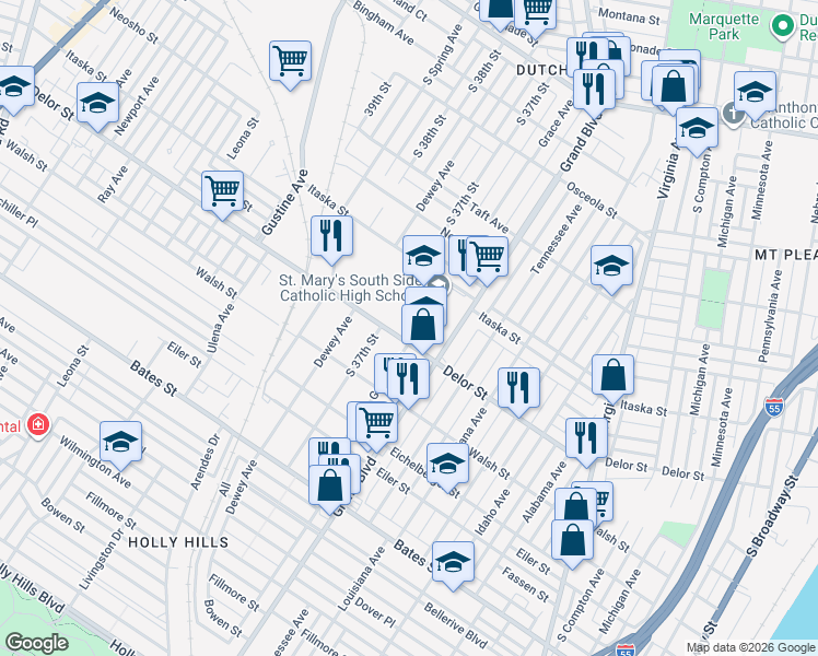 map of restaurants, bars, coffee shops, grocery stores, and more near 4715 South Grand Boulevard in St. Louis