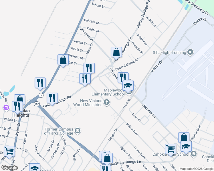 map of restaurants, bars, coffee shops, grocery stores, and more near 429 Garrison Avenue in Cahokia