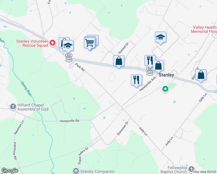 map of restaurants, bars, coffee shops, grocery stores, and more near 553 Park Road in Stanley