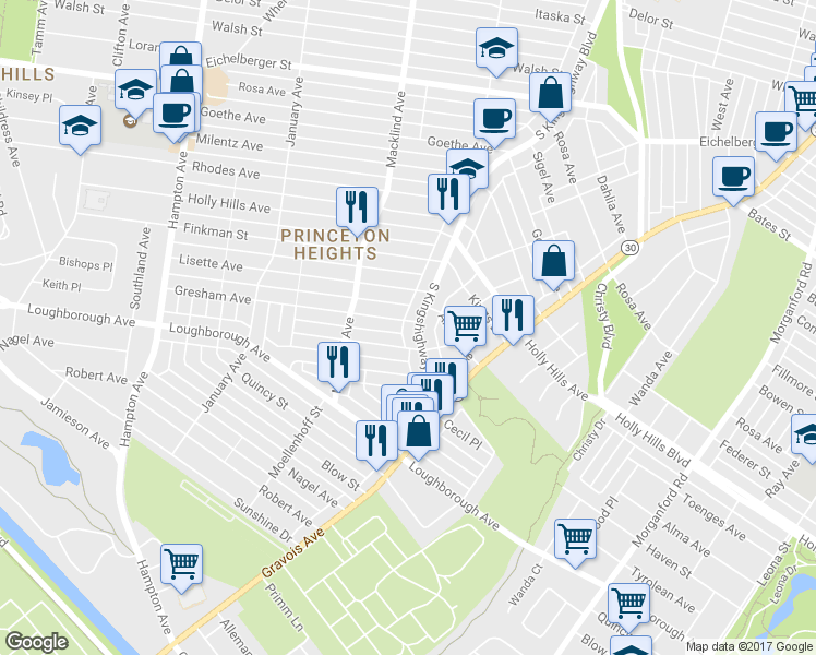 map of restaurants, bars, coffee shops, grocery stores, and more near 6405 South Kingshighway Boulevard in St. Louis