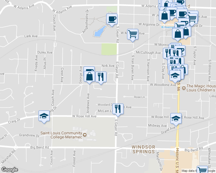 map of restaurants, bars, coffee shops, grocery stores, and more near 528 West Woodbine Avenue in Kirkwood