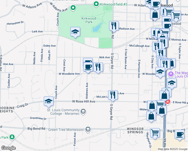 map of restaurants, bars, coffee shops, grocery stores, and more near 626 W Woodbine Ave in Kirkwood