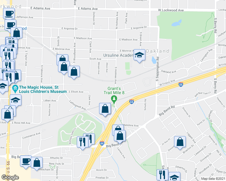 map of restaurants, bars, coffee shops, grocery stores, and more near 491 S Holmes Ave in Kirkwood