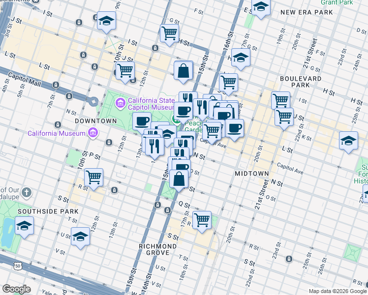 map of restaurants, bars, coffee shops, grocery stores, and more near 1531 N Street in Sacramento