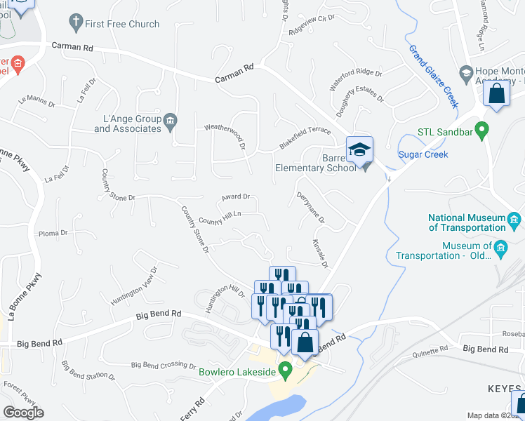 map of restaurants, bars, coffee shops, grocery stores, and more near 1661 Award Drive in Ballwin