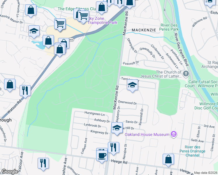 map of restaurants, bars, coffee shops, grocery stores, and more near 7602-7630 Mackenzie Road in Saint Louis