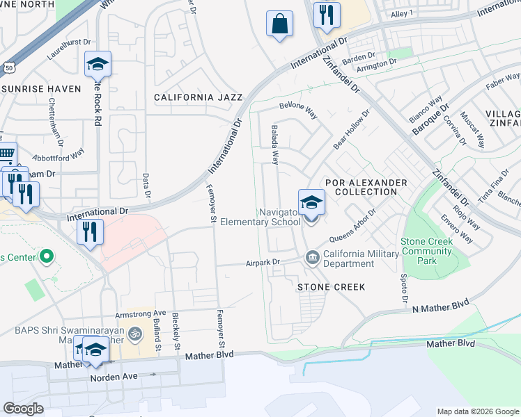 map of restaurants, bars, coffee shops, grocery stores, and more near 3356 Verdeca Way in Rancho Cordova