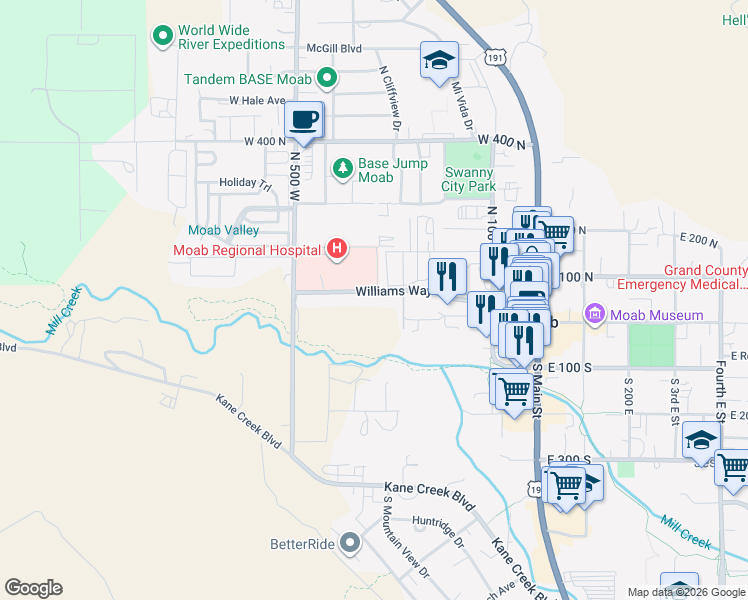 map of restaurants, bars, coffee shops, grocery stores, and more near 347 Williams Way in Moab