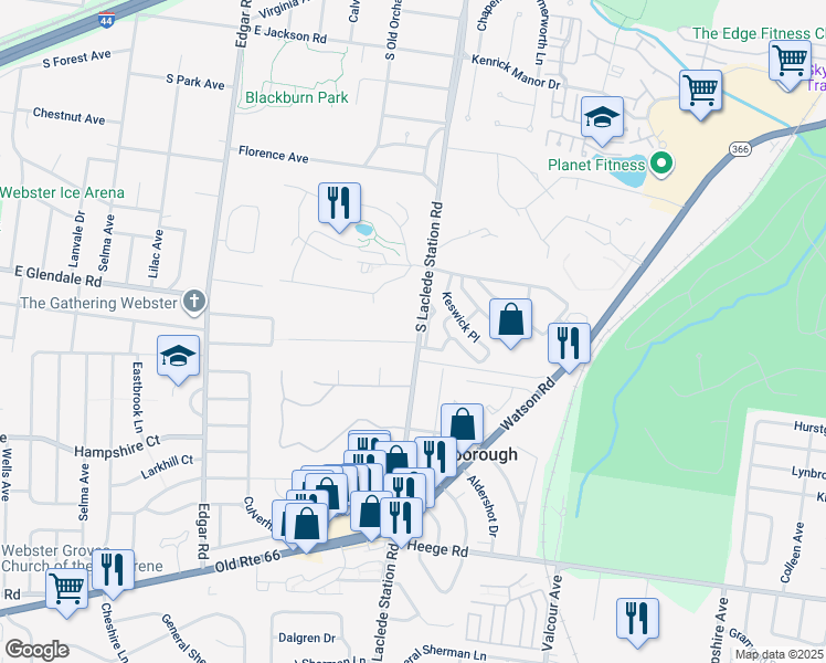 map of restaurants, bars, coffee shops, grocery stores, and more near 749 Fieldston Terrace in Webster Groves