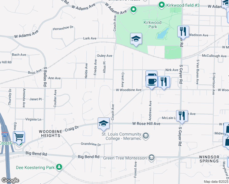map of restaurants, bars, coffee shops, grocery stores, and more near 504 Couch Avenue in Kirkwood