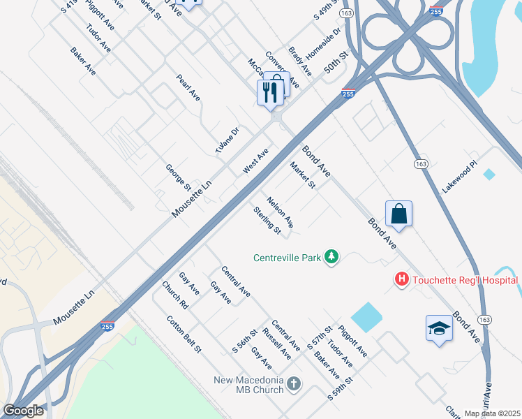 map of restaurants, bars, coffee shops, grocery stores, and more near 5123 Sterling Street in East St. Louis