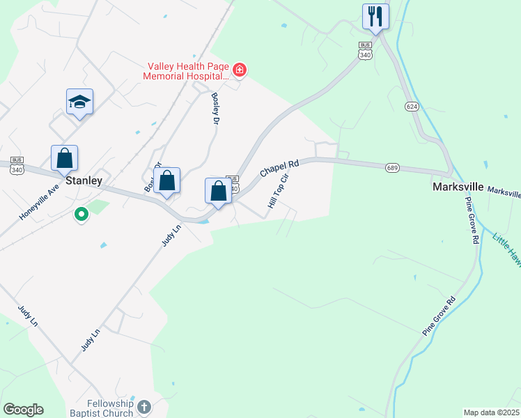 map of restaurants, bars, coffee shops, grocery stores, and more near 223 Hill Top Circle in Stanley