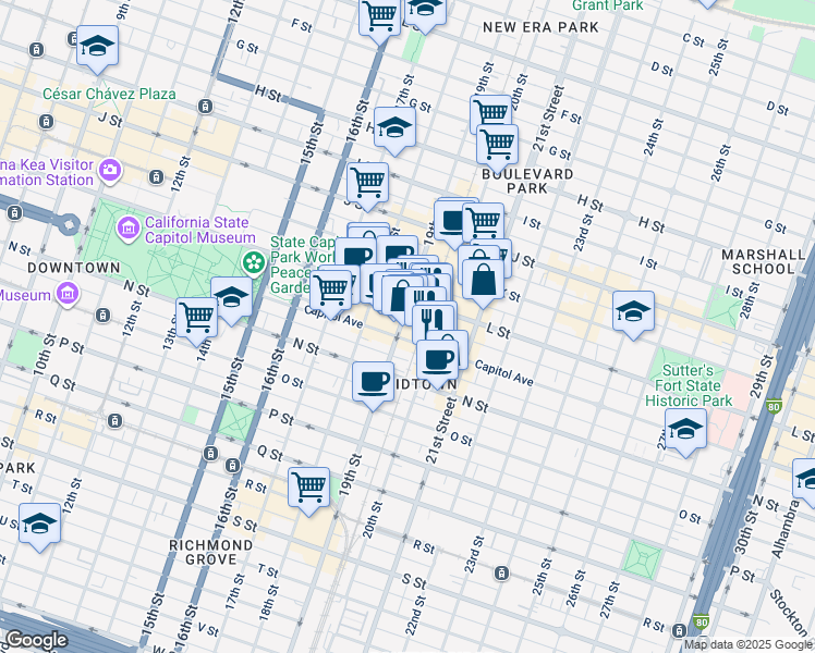 map of restaurants, bars, coffee shops, grocery stores, and more near 1928 L Street in Sacramento