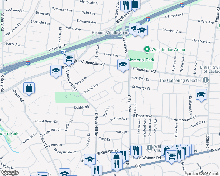 map of restaurants, bars, coffee shops, grocery stores, and more near 42 Webster Acres in Webster Groves
