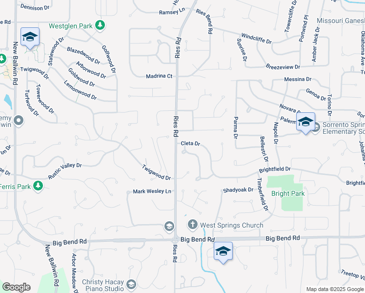 map of restaurants, bars, coffee shops, grocery stores, and more near 903 Cleta Drive in Ballwin