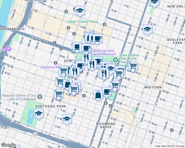 map of restaurants, bars, coffee shops, grocery stores, and more near 1215 O Street in Sacramento