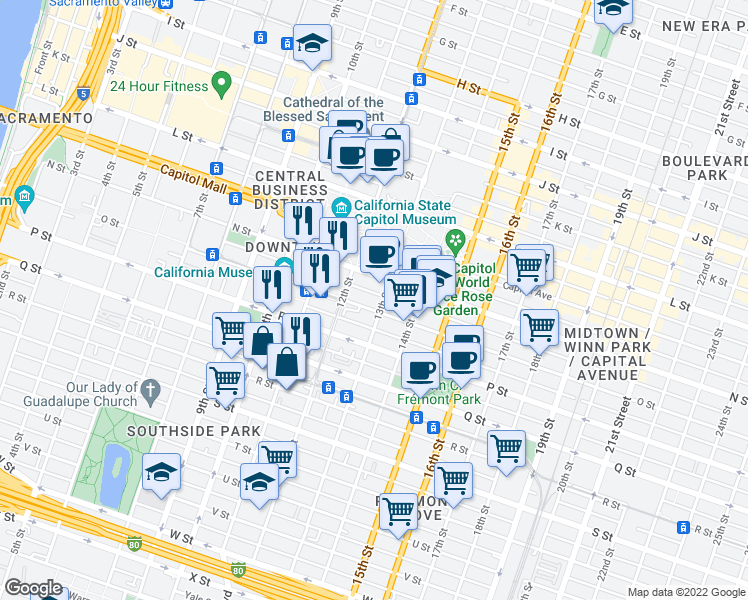 map of restaurants, bars, coffee shops, grocery stores, and more near 1227 O Street in Sacramento