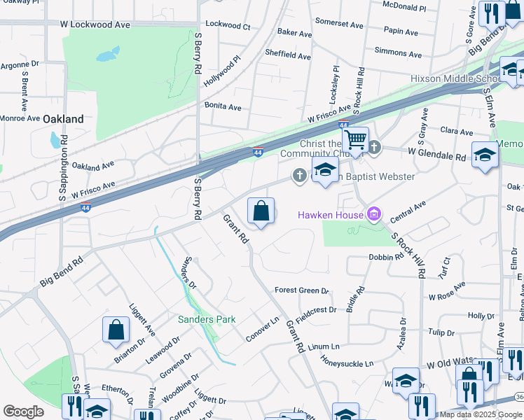 map of restaurants, bars, coffee shops, grocery stores, and more near 73 Webster Woods Drive in Webster Groves