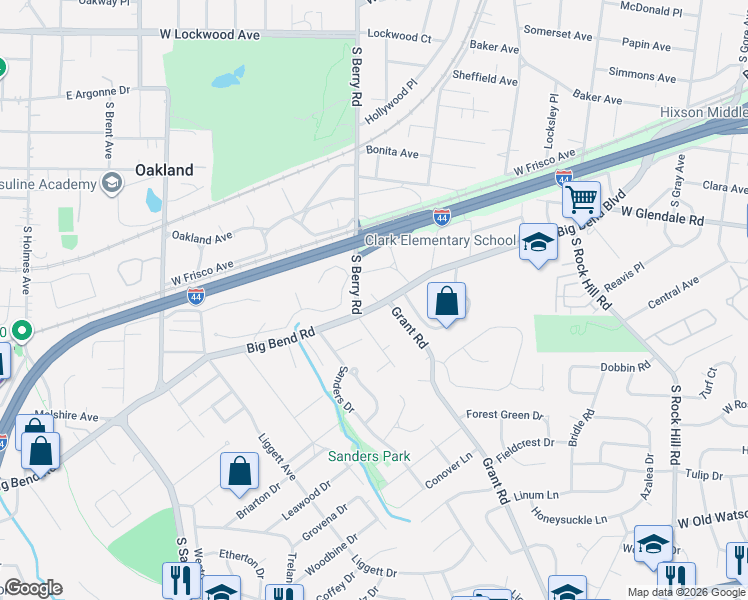 map of restaurants, bars, coffee shops, grocery stores, and more near 9445 Big Bend Boulevard in Webster Groves