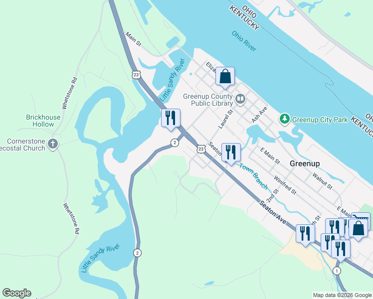map of restaurants, bars, coffee shops, grocery stores, and more near 101-399 Sycamore Street in Greenup