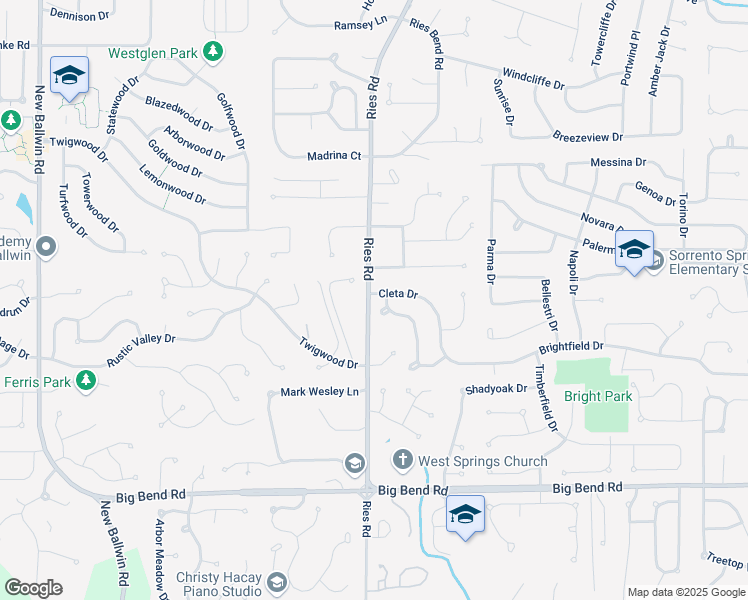 map of restaurants, bars, coffee shops, grocery stores, and more near 903 Cleta Drive in Ballwin