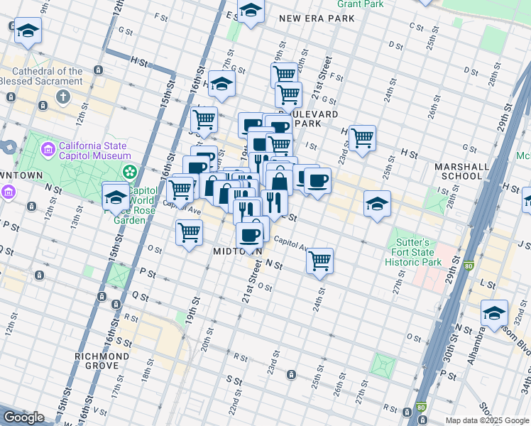 map of restaurants, bars, coffee shops, grocery stores, and more near 2006 L Street in Sacramento