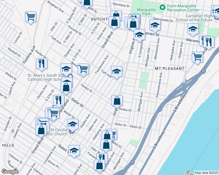 map of restaurants, bars, coffee shops, grocery stores, and more near 4636 Alaska Avenue in St. Louis