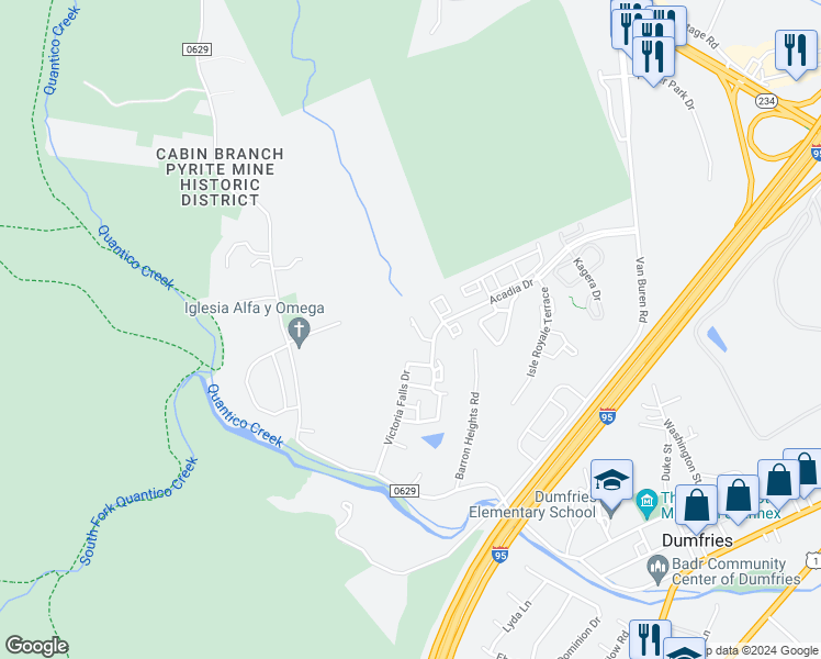 map of restaurants, bars, coffee shops, grocery stores, and more near 4261 Hudson River Court in Dumfries