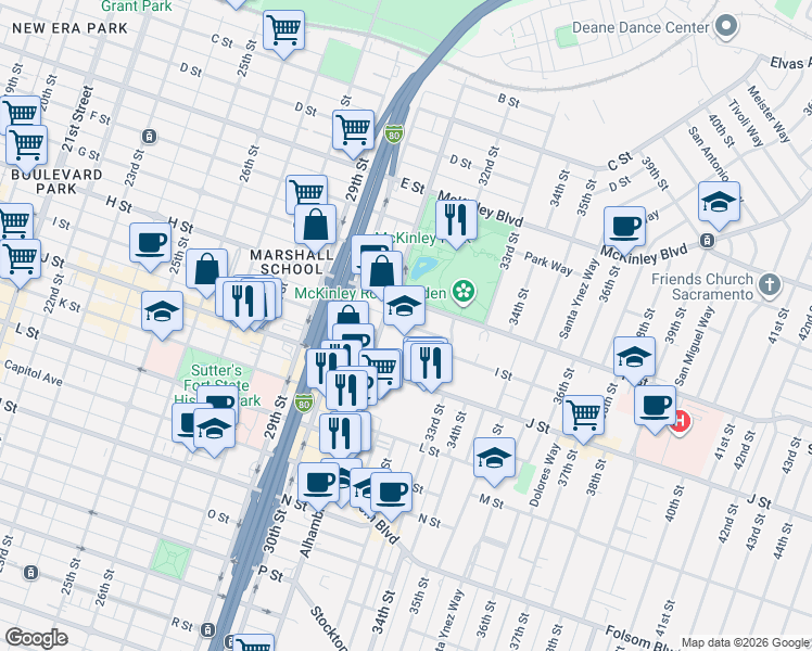 map of restaurants, bars, coffee shops, grocery stores, and more near 3111 I Street in Sacramento