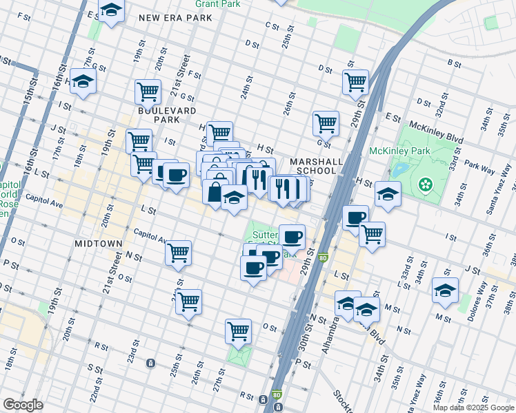 map of restaurants, bars, coffee shops, grocery stores, and more near 1015 26th Street in Sacramento
