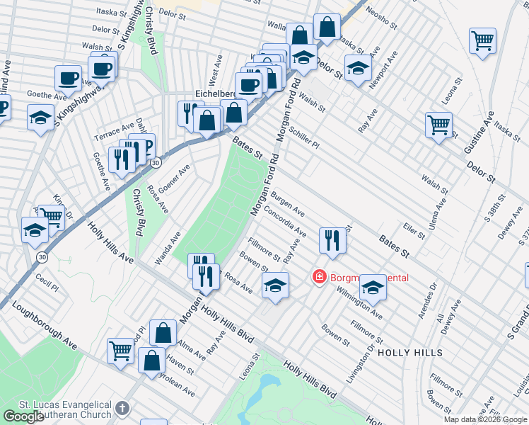 map of restaurants, bars, coffee shops, grocery stores, and more near 5712 Morgan Ford Road in St. Louis