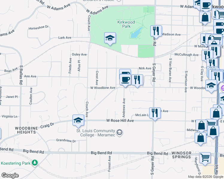 map of restaurants, bars, coffee shops, grocery stores, and more near 707 Craig Drive in Kirkwood