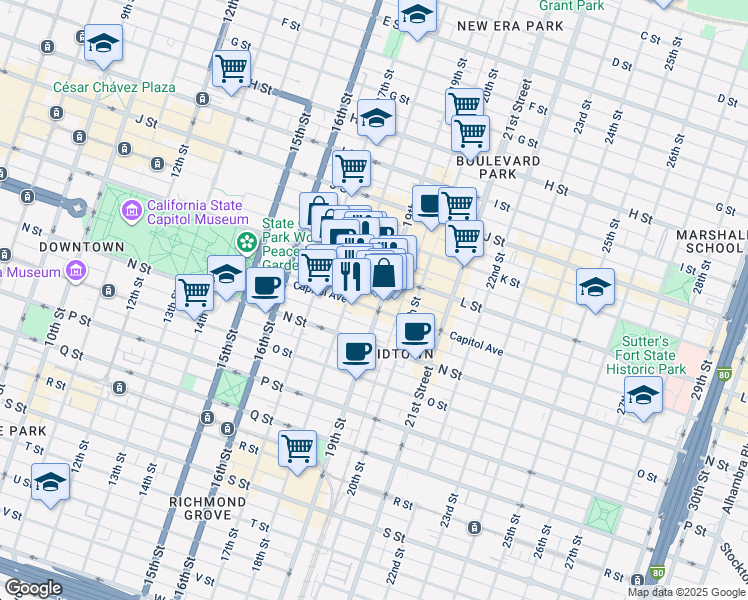 map of restaurants, bars, coffee shops, grocery stores, and more near 1809 Capitol Avenue in Sacramento