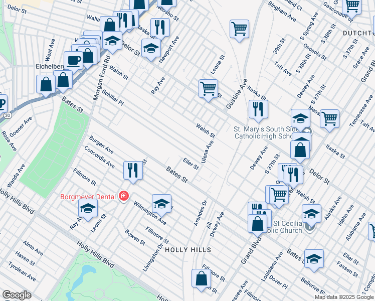 map of restaurants, bars, coffee shops, grocery stores, and more near 3938 Schiller Place in St. Louis