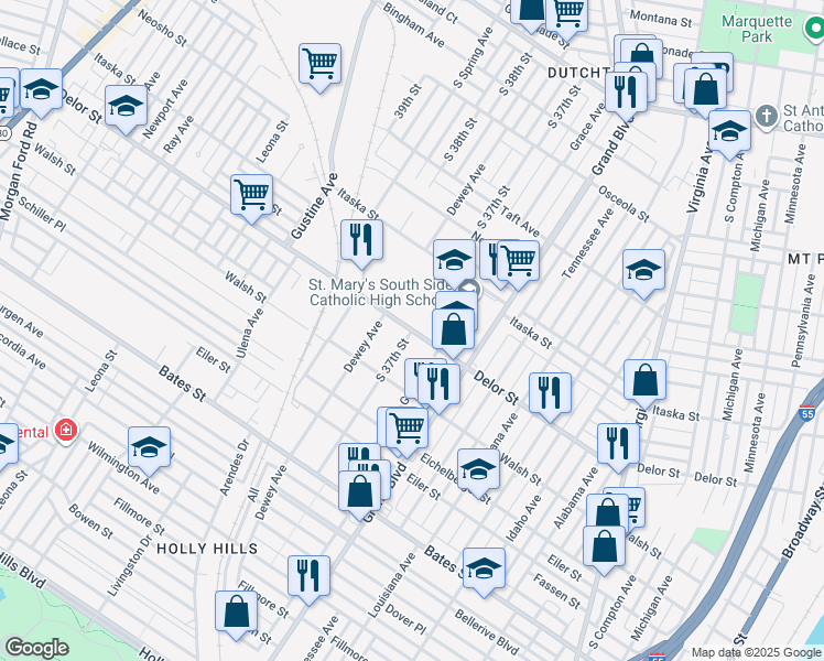 map of restaurants, bars, coffee shops, grocery stores, and more near 5018 Dewey Avenue in St. Louis