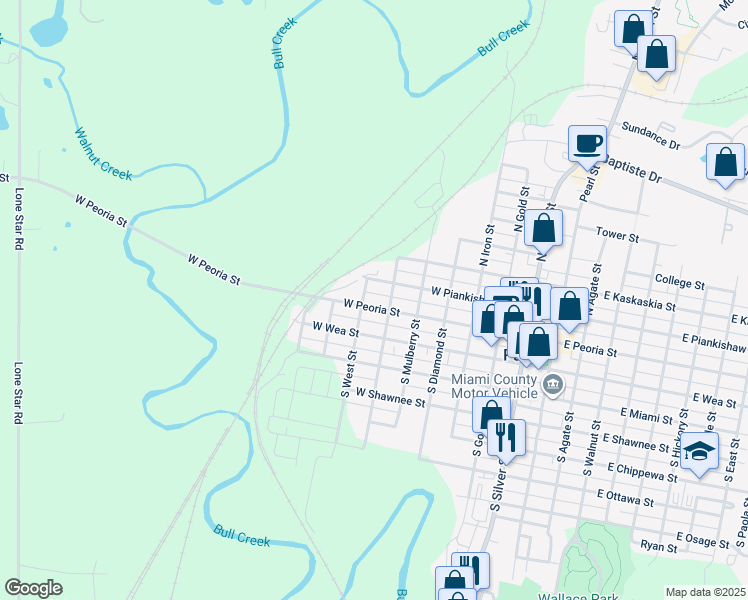 map of restaurants, bars, coffee shops, grocery stores, and more near 608 West Peoria Street in Paola
