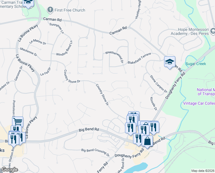 map of restaurants, bars, coffee shops, grocery stores, and more near 1603 Award Drive in Ballwin