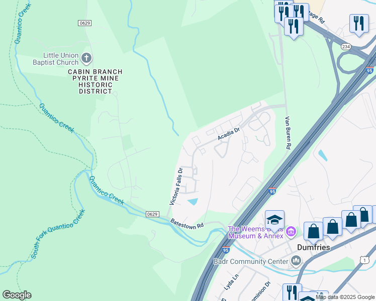 map of restaurants, bars, coffee shops, grocery stores, and more near 4256 Hudson River Court in Dumfries