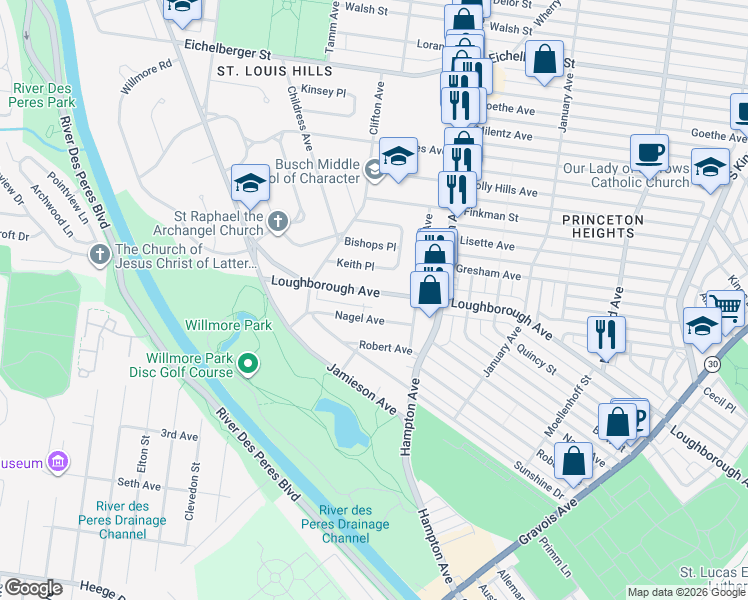 map of restaurants, bars, coffee shops, grocery stores, and more near 5926 Loughborough Avenue in St. Louis