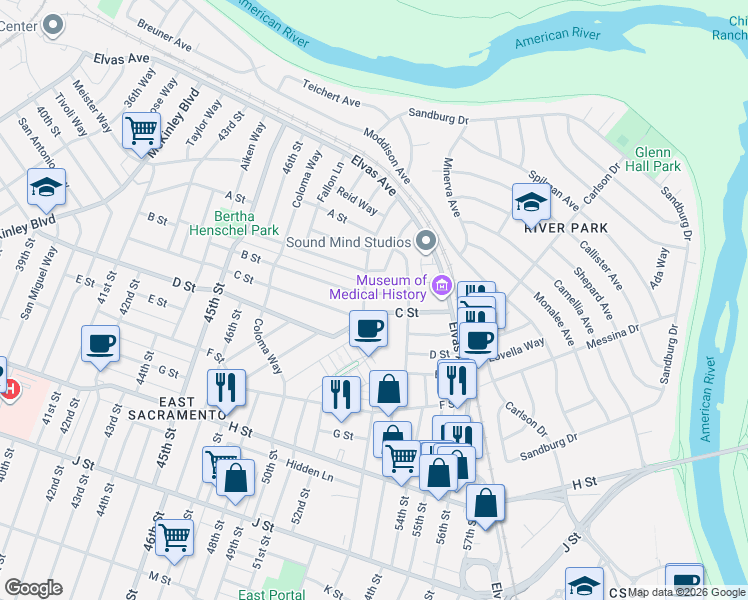 map of restaurants, bars, coffee shops, grocery stores, and more near 5200 B Street in Sacramento