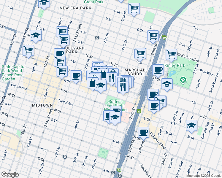 map of restaurants, bars, coffee shops, grocery stores, and more near 2612 J Street in Sacramento