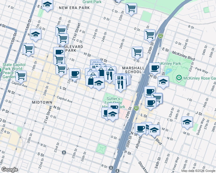 map of restaurants, bars, coffee shops, grocery stores, and more near 2612 J Street in Sacramento