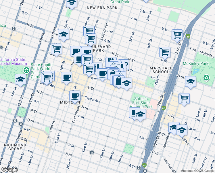 map of restaurants, bars, coffee shops, grocery stores, and more near 2318 K Street in Sacramento