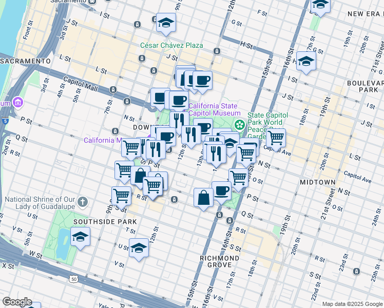 map of restaurants, bars, coffee shops, grocery stores, and more near 1215 O Street in Sacramento