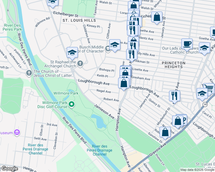 map of restaurants, bars, coffee shops, grocery stores, and more near 5926 Loughborough Avenue in St. Louis