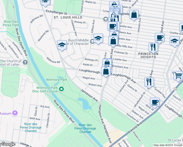 map of restaurants, bars, coffee shops, grocery stores, and more near 6210 Loughborough Avenue in St. Louis