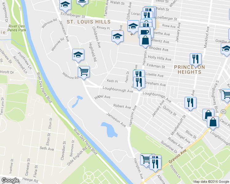 map of restaurants, bars, coffee shops, grocery stores, and more near 6210 Loughborough Avenue in St. Louis