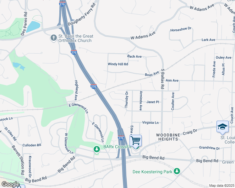 map of restaurants, bars, coffee shops, grocery stores, and more near 1956 Greenpoint Drive in Kirkwood