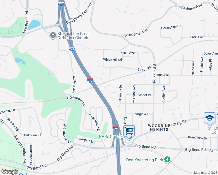 map of restaurants, bars, coffee shops, grocery stores, and more near 1956 Greenpoint Drive in Kirkwood
